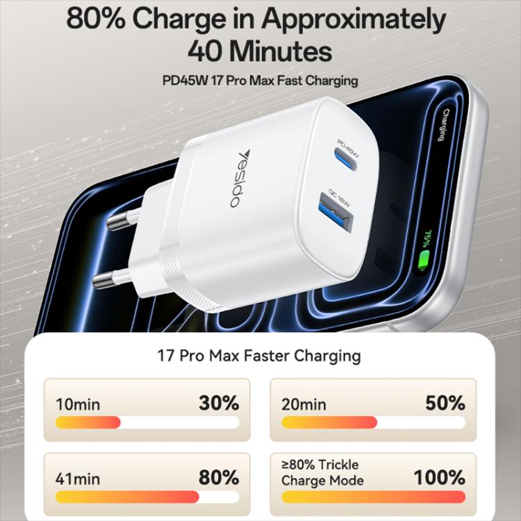 Yesido PD45W USB und Type-C Dual Interface Schnellladegerät Set, EU Stecker, UK Stecker, US Stecker