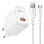 Yesido 18W USB Einzelinterface Ladegerät Set mit USB zu Type-C Kabel, EU Stecker, UK Stecker, US Stecker