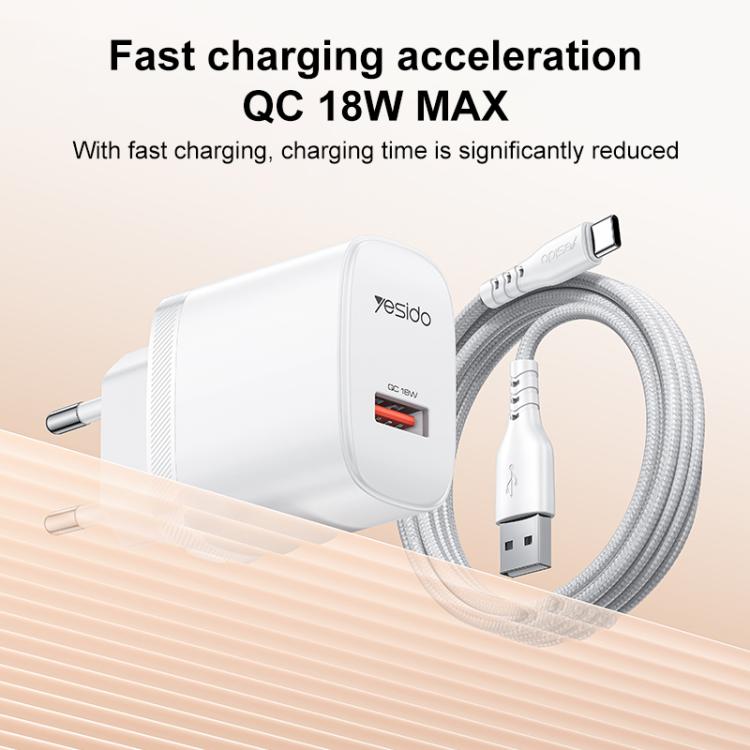 Yesido 18W USB Einzelinterface Ladegerät Set mit USB zu Type-C Kabel, EU Stecker, UK Stecker, US Stecker
