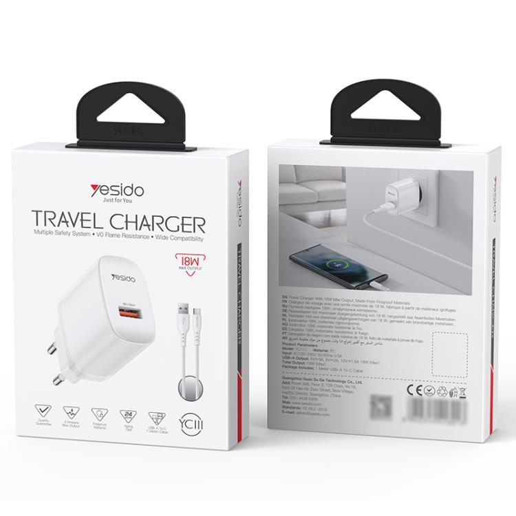 Yesido 18W USB Einzelinterface Ladegerät Set mit USB zu Type-C Kabel, EU Stecker, UK Stecker, US Stecker