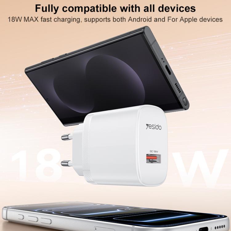 Yesido 18W USB Einzelinterface Ladegerät Set mit USB zu Type-C Kabel, EU Stecker, UK Stecker, US Stecker