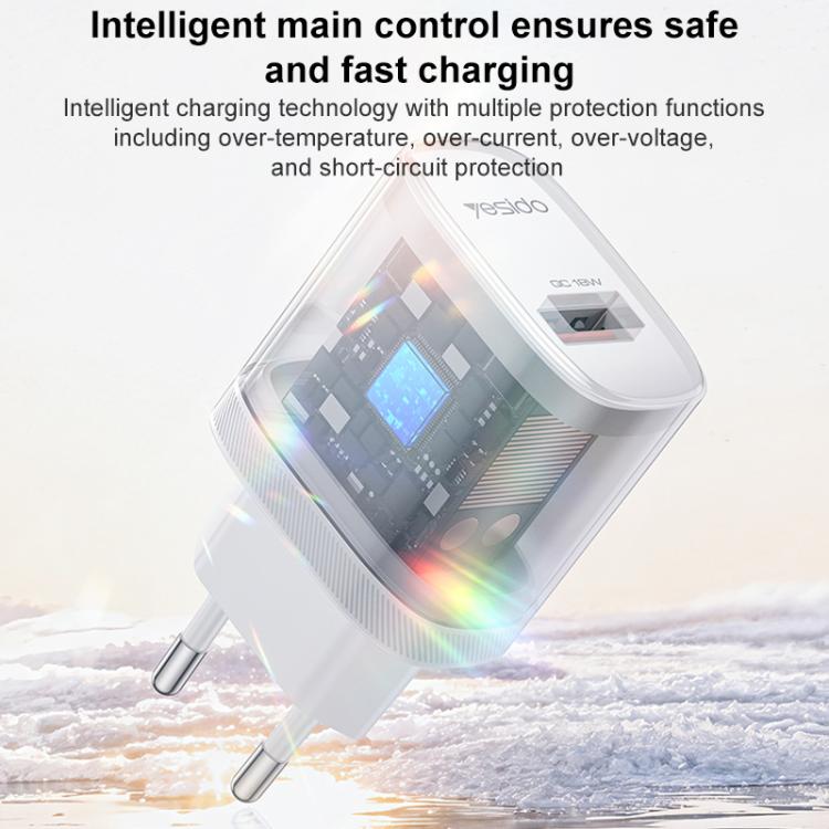 Yesido 18W USB Einzelinterface Ladegerät Set mit USB zu Type-C Kabel, EU Stecker, UK Stecker, US Stecker