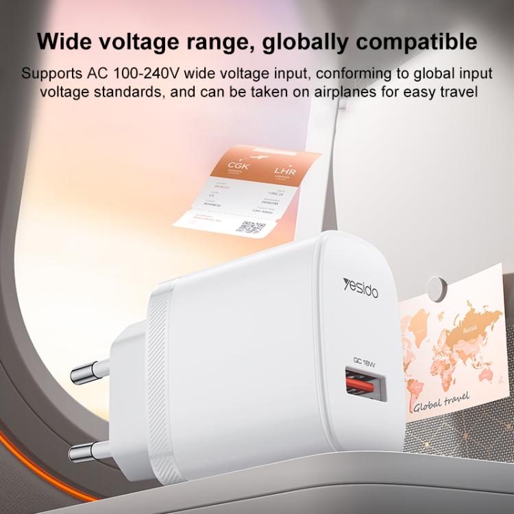 Yesido 18W USB Einzelinterface Ladegerät Set mit USB zu Type-C Kabel, EU Stecker, UK Stecker, US Stecker