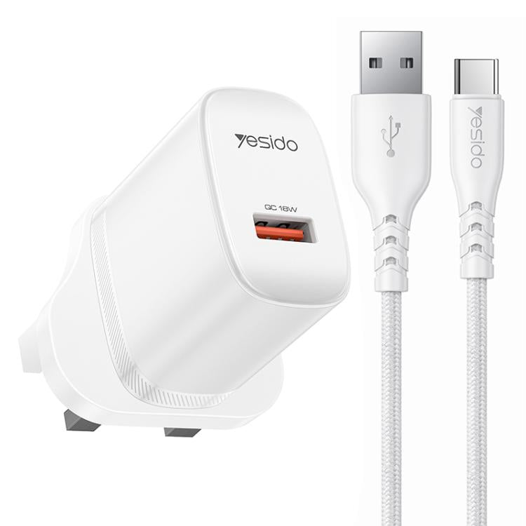 Yesido 18W USB Einzelinterface Ladegerät Set mit USB zu Type-C Kabel, EU Stecker, UK Stecker, US Stecker