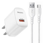Yesido 18W USB Einzelinterface Ladegerät Set mit USB zu Type-C Kabel, EU Stecker, UK Stecker, US Stecker