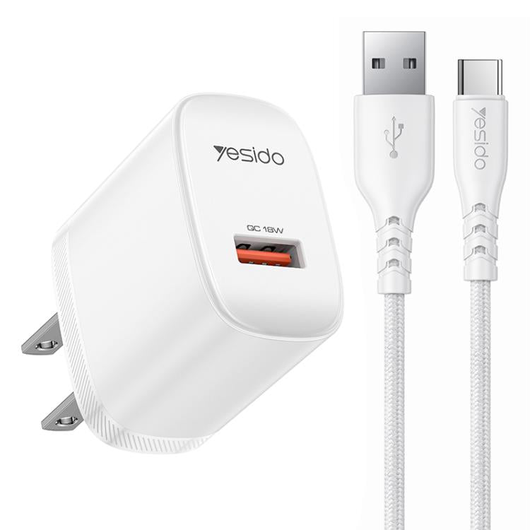 Yesido 18W USB Einzelinterface Ladegerät Set mit USB zu Type-C Kabel, EU Stecker, UK Stecker, US Stecker