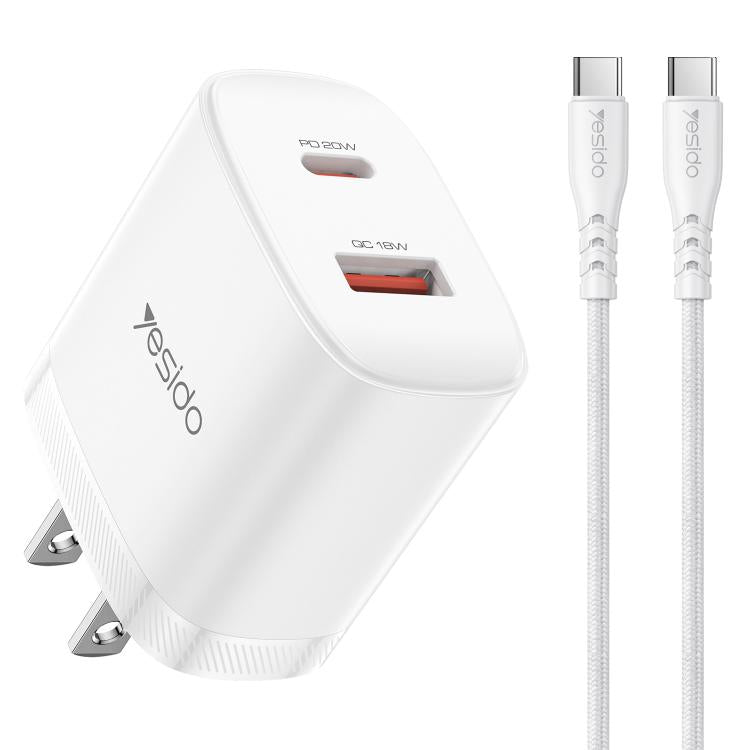 Yesido YC19U PD20W USB-C / Type-C und QC18W USB-A Dual Ports Ladegerät Set mit Type-C zu Type-C Kabel, YC19U
