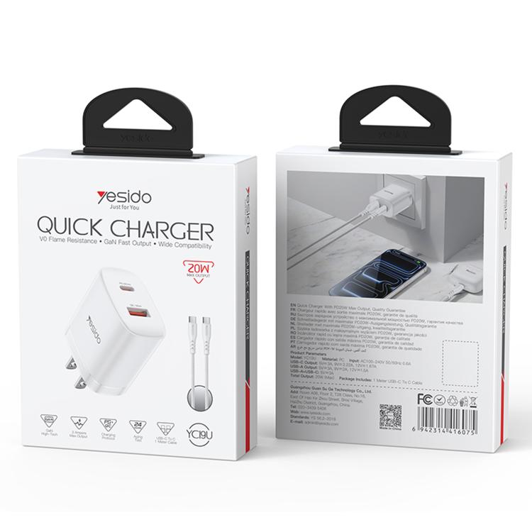 Yesido YC19U PD20W USB-C / Type-C und QC18W USB-A Dual Ports Ladegerät Set mit Type-C zu Type-C Kabel, YC19U