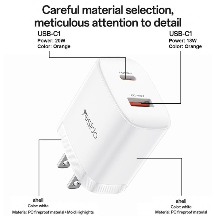 Yesido YC19U PD20W USB-C / Type-C und QC18W USB-A Dual Ports Ladegerät Set mit Type-C zu Type-C Kabel, YC19U