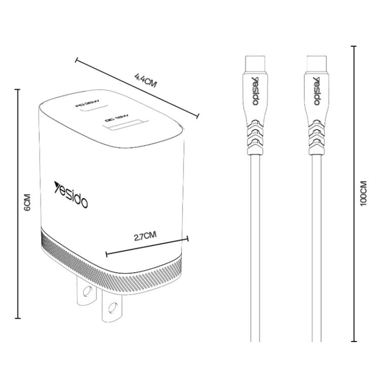 Yesido PD35W Type-C, USB Schnellladegerät Set mit Type-C zu Type-C Kabel, US Stecker, EU Stecker, UK Stecker