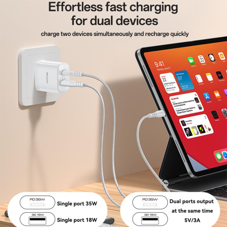 Yesido PD35W Type-C, USB Schnellladegerät Set mit Type-C zu Type-C Kabel, US Stecker, EU Stecker, UK Stecker