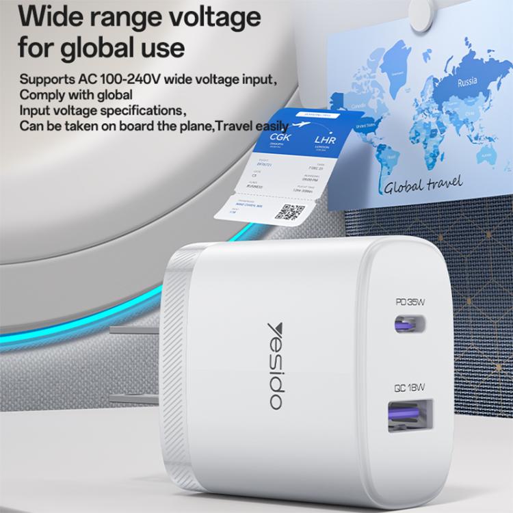 Yesido PD35W Type-C, USB Schnellladegerät Set mit Type-C zu Type-C Kabel, US Stecker, EU Stecker, UK Stecker