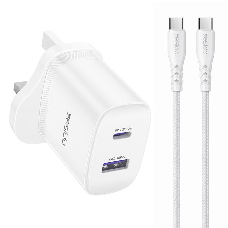 Yesido PD35W Type-C, USB Schnellladegerät Set mit Type-C zu Type-C Kabel, US Stecker, EU Stecker, UK Stecker