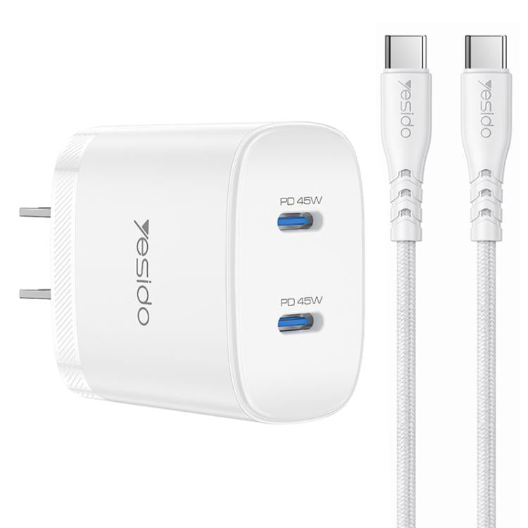 Yesido PD45W Dual Type-C Schnellladegerät Set mit Type-C zu Type-C Kabel, US Stecker, EU Stecker, UK Stecker