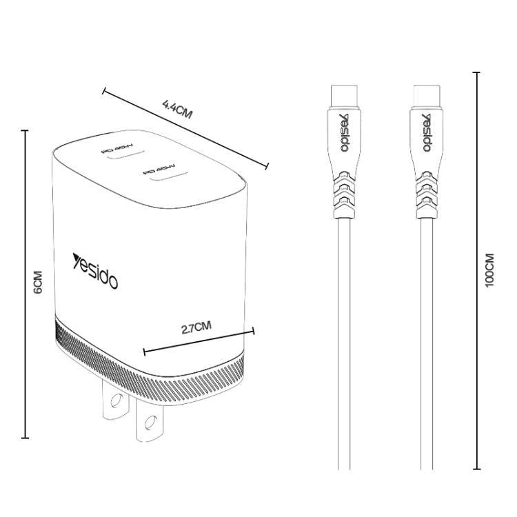 Yesido PD45W Dual Type-C Schnellladegerät Set mit Type-C zu Type-C Kabel, US Stecker, EU Stecker, UK Stecker