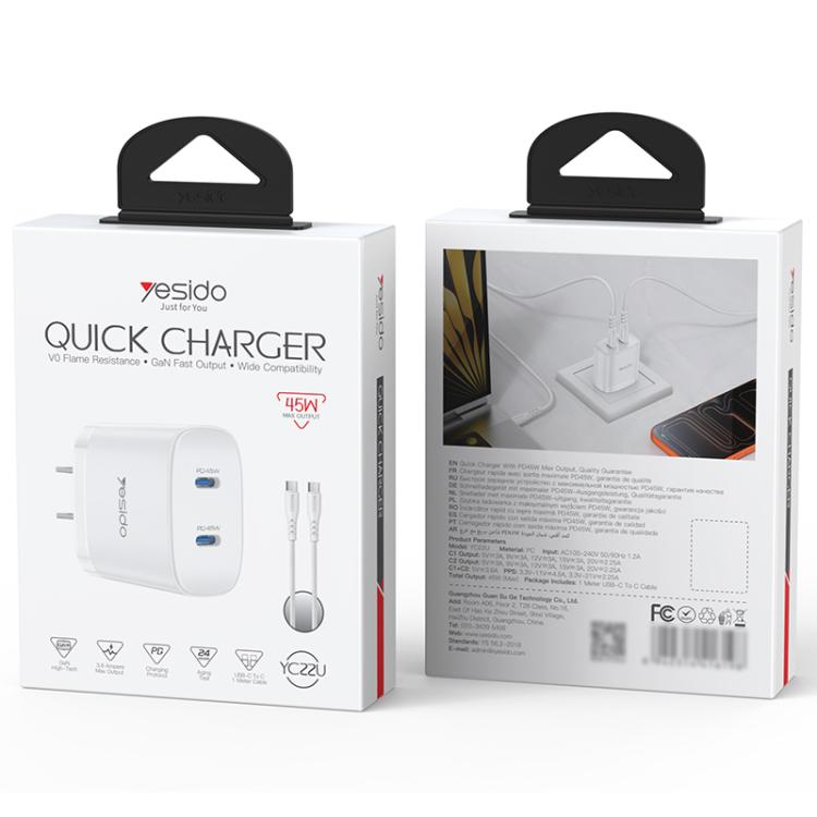 Yesido PD45W Dual Type-C Schnellladegerät Set mit Type-C zu Type-C Kabel, US Stecker, EU Stecker, UK Stecker
