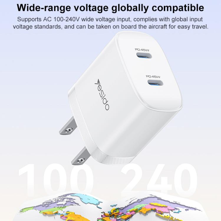 Yesido PD45W Dual Type-C Schnellladegerät Set mit Type-C zu Type-C Kabel, US Stecker, EU Stecker, UK Stecker