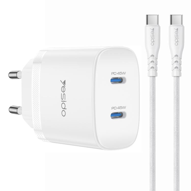 Yesido PD45W Dual Type-C Schnellladegerät Set mit Type-C zu Type-C Kabel, US Stecker, EU Stecker, UK Stecker