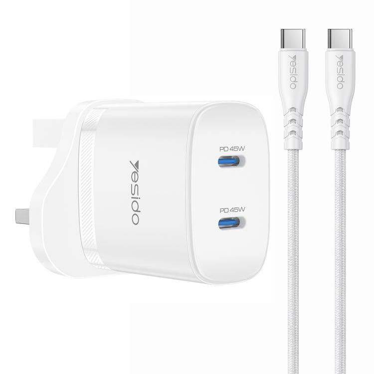Yesido PD45W Dual Type-C Schnellladegerät Set mit Type-C zu Type-C Kabel, US Stecker, EU Stecker, UK Stecker