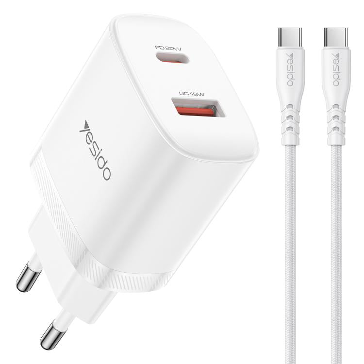 Yesido YC106 PD20W USB-C / Type-C und QC18W USB-A Dual Ports Ladegerät Set mit Type-C zu Type-C Kabel, YC106