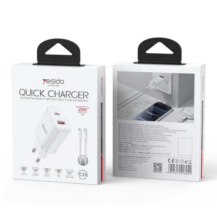 Yesido YC106 PD20W USB-C / Type-C und QC18W USB-A Dual Ports Ladegerät Set mit Type-C zu Type-C Kabel, YC106