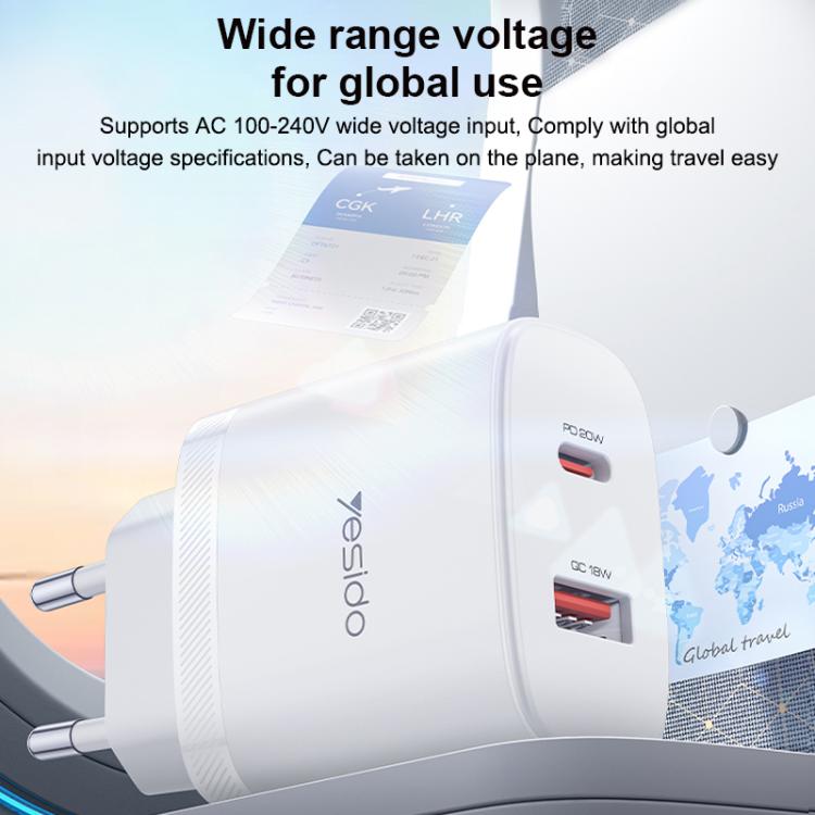 Yesido YC106 PD20W USB-C / Type-C und QC18W USB-A Dual Ports Ladegerät Set mit Type-C zu Type-C Kabel, YC106