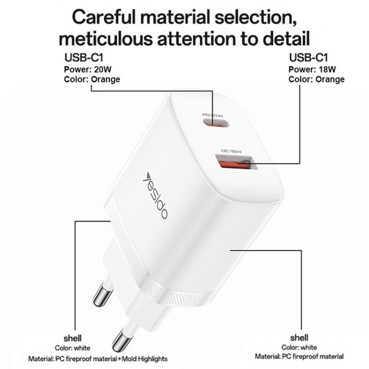 Yesido YC106 PD20W USB-C / Type-C und QC18W USB-A Dual Ports Ladegerät Set mit Type-C zu Type-C Kabel, YC106