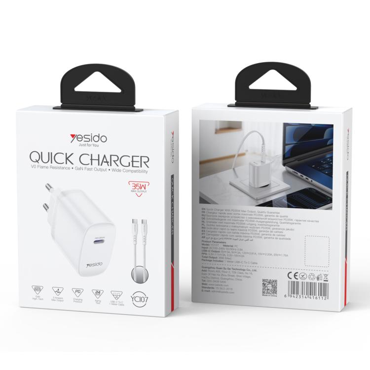 Yesido YC107 PD35W USB-C / Type-C Single Port Fast Charger Set with Type-C to Type-C Cable, YC107