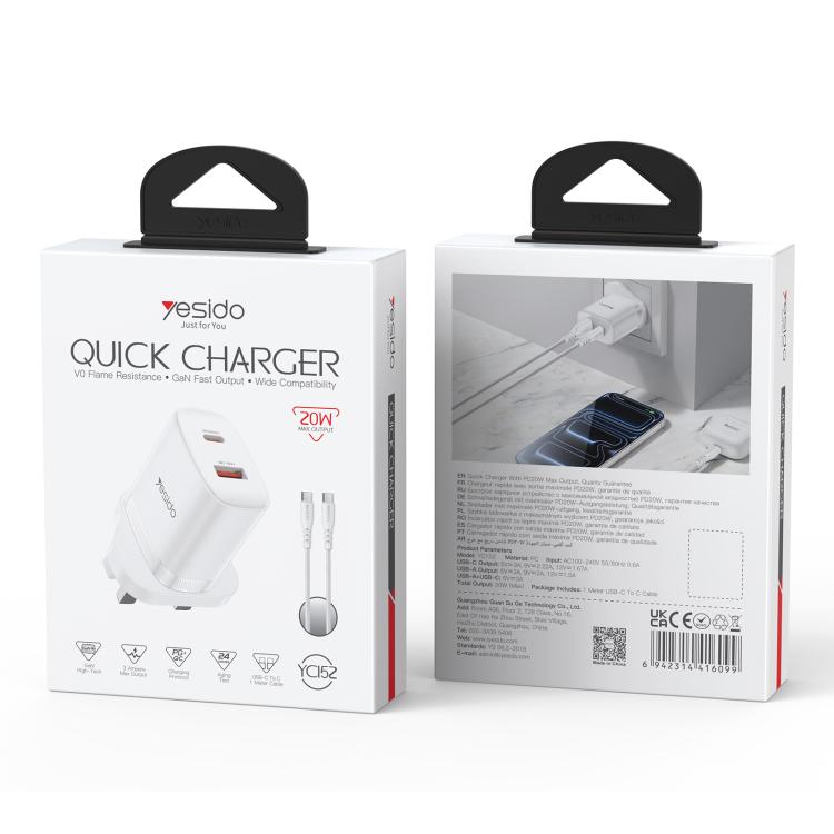 Yesido YC152 PD20W USB-C / Typ-C und QC18W USB-A Dualanschluss Ladegerät Set mit Typ-C-zu-Typ-C-Kabel, YC152