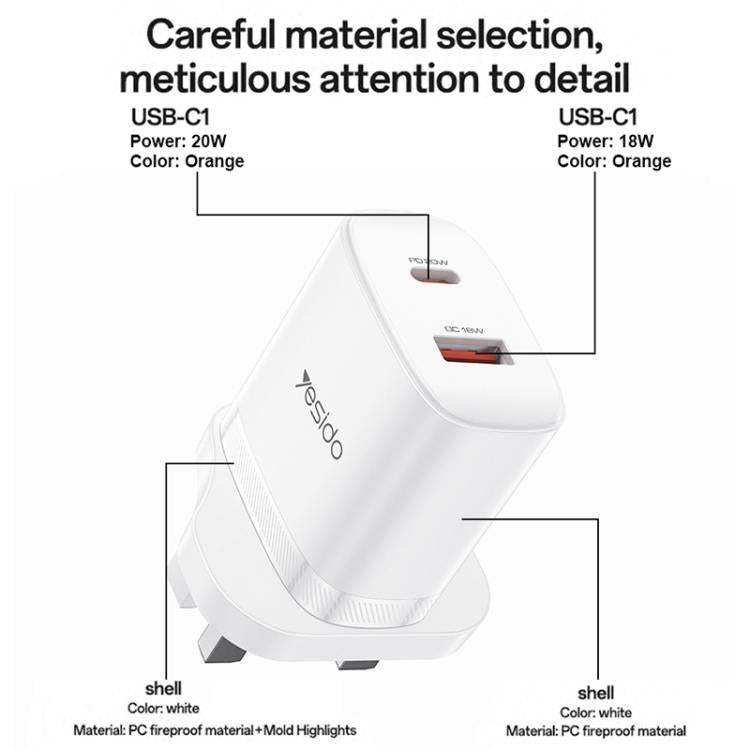 Yesido YC152 PD20W USB-C / Typ-C und QC18W USB-A Dualanschluss Ladegerät Set mit Typ-C-zu-Typ-C-Kabel, YC152
