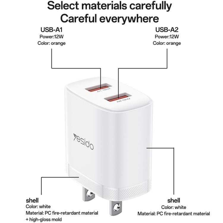 Yesido YC17U 12W 2,4A USB Dualanschluss Ladegerät Set mit 1m USB-zu-Typ-C-Datenkabel, YC17U
