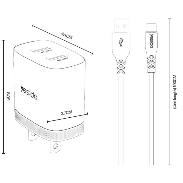 Yesido YC17U 12W 2,4A USB Dualanschluss Ladegerät Set mit 1m USB-zu-Typ-C-Datenkabel, YC17U