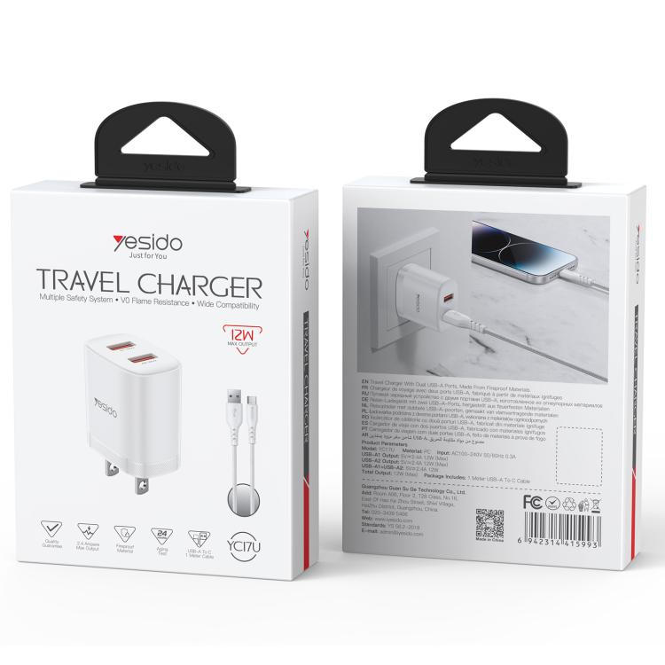 Yesido YC17U 12W 2,4A USB Dualanschluss Ladegerät Set mit 1m USB-zu-Typ-C-Datenkabel, YC17U