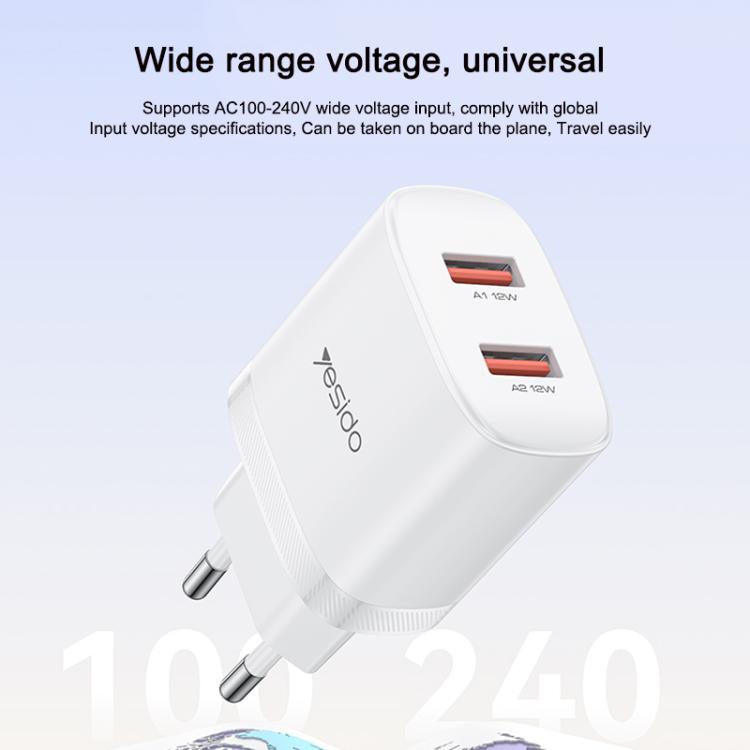 Yesido YC104 12W 2.4A USB Dual Ports Charger Set with 1m USB to Type-C Data Cable, YC104