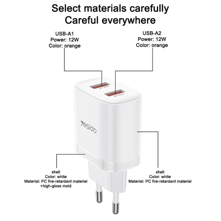 Yesido YC104 12W 2.4A USB Dual Ports Charger Set with 1m USB to Type-C Data Cable, YC104