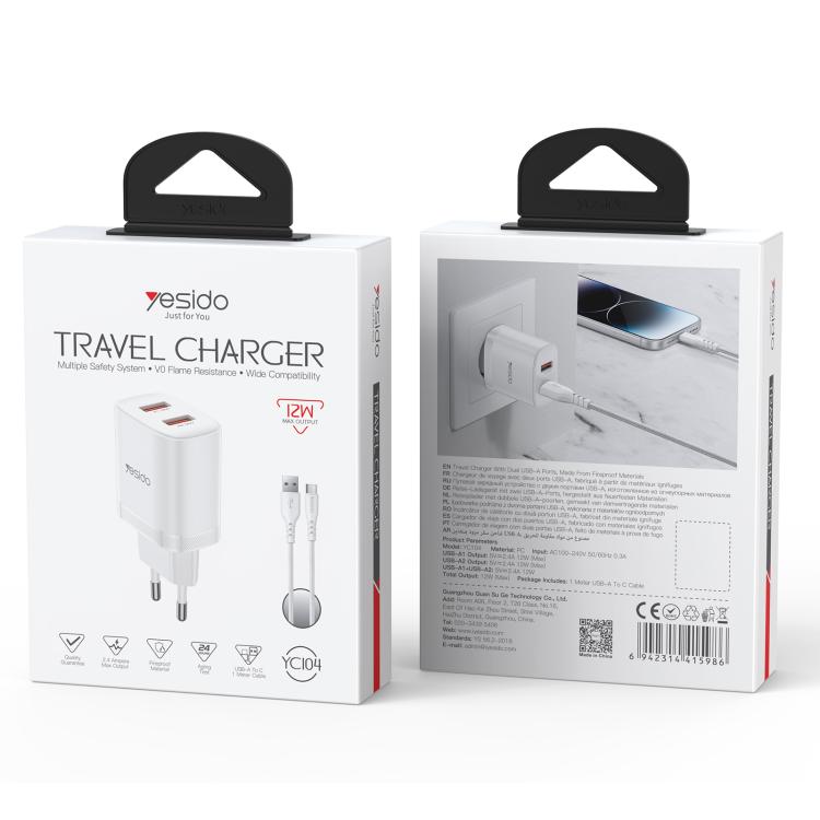 Yesido YC104 12W 2.4A USB Dual Ports Charger Set with 1m USB to Type-C Data Cable, YC104