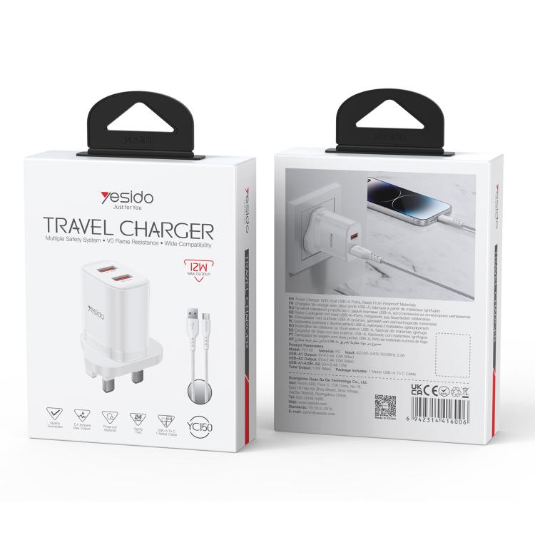Yesido YC150 12W 2,4A USB Dualanschluss Ladegerät Set mit 1m USB-zu-Typ-C-Datenkabel, YC150