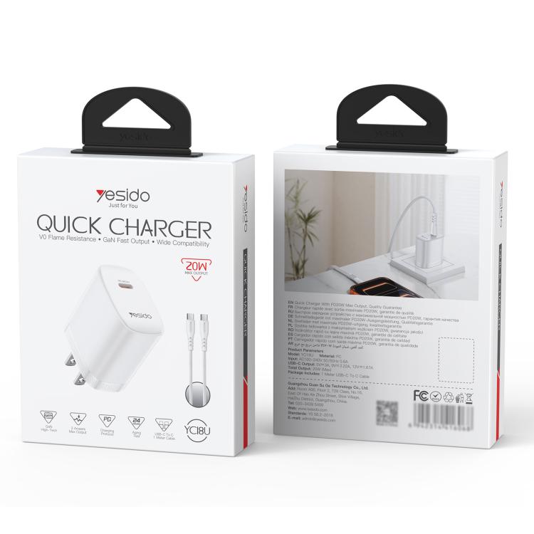 Yesido YC18U PD20W Typ-C Ladegerät Set mit 1m Typ-C-zu-Typ-C-Datenkabel, YC18U