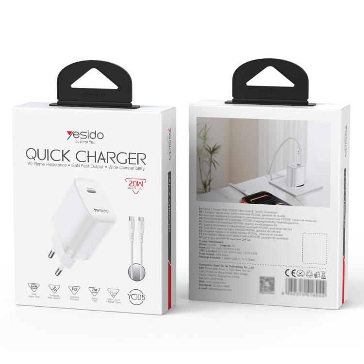 Yesido YC105 PD20W Typ-C Ladegerät Set mit 1m Typ-C-zu-Typ-C-Datenkabel, YC105