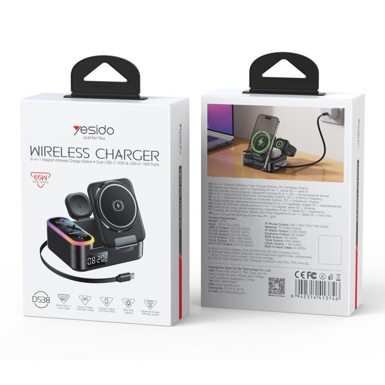 Yesido DS38 65W 8-in-1 Magnetische kabellose Ladestation mit Teleskopkabel, DS38