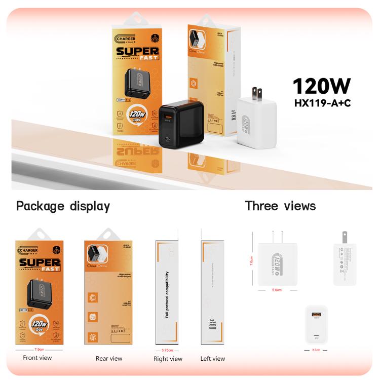 HX119 120W USB- und Typ-C-Dualschnittstellen-Schnellladegerät, EU-Stecker, UK-Stecker, US-Stecker