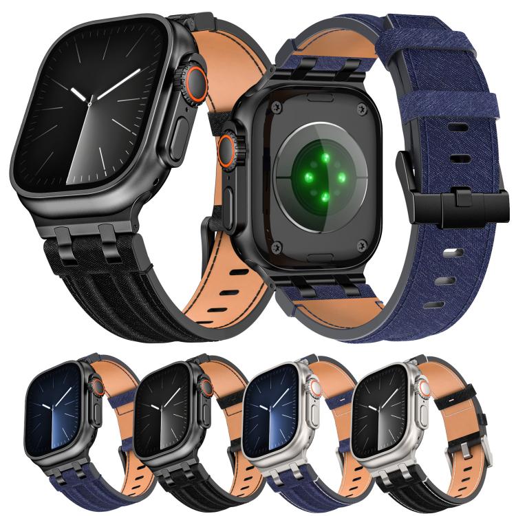 Uhrenarmband aus veganem Leder mit Jeansnaht, für Apple Watch 46mm / 49mm / 45mm / 44mm