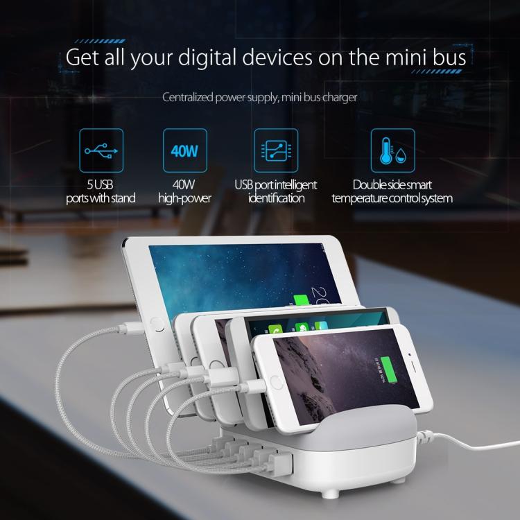 ORICO DUK-5P 40W 5 USB-Anschlüsse Intelligente Ladestation mit Ständer, US-Stecker, UK-Stecker, AU-Stecker