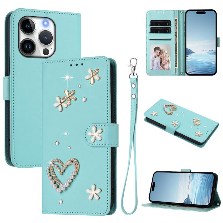 ZS01 Doppellagige Herzblumen Vegane Leder-Handyhülle mit Handgelenkschlaufe, Für iPhone 16 Pro, Für iPhone 16 Plus, Für iPhone 16, Für iPhone 15 Pro Max, Für iPhone 15 Pro, Für iPhone 15 Plus