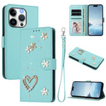 ZS01 Double-Layer Heart Floral Vegan Leather Phone Case with Wrist Strap, For iPhone 16 Pro, For iPhone 16 Plus, For iPhone 16, For iPhone 15 Pro Max, For iPhone 15 Pro, For iPhone 15 Plus