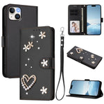 ZS01 Double-Layer Heart Floral Vegan Leather Phone Case with Wrist Strap, For iPhone 16 Pro, For iPhone 16 Plus, For iPhone 16, For iPhone 15 Pro Max, For iPhone 15 Pro, For iPhone 15 Plus