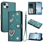 ZS01 Double-Layer Heart Floral Vegan Leather Phone Case with Wrist Strap, For iPhone 16 Pro, For iPhone 16 Plus, For iPhone 16, For iPhone 15 Pro Max, For iPhone 15 Pro, For iPhone 15 Plus