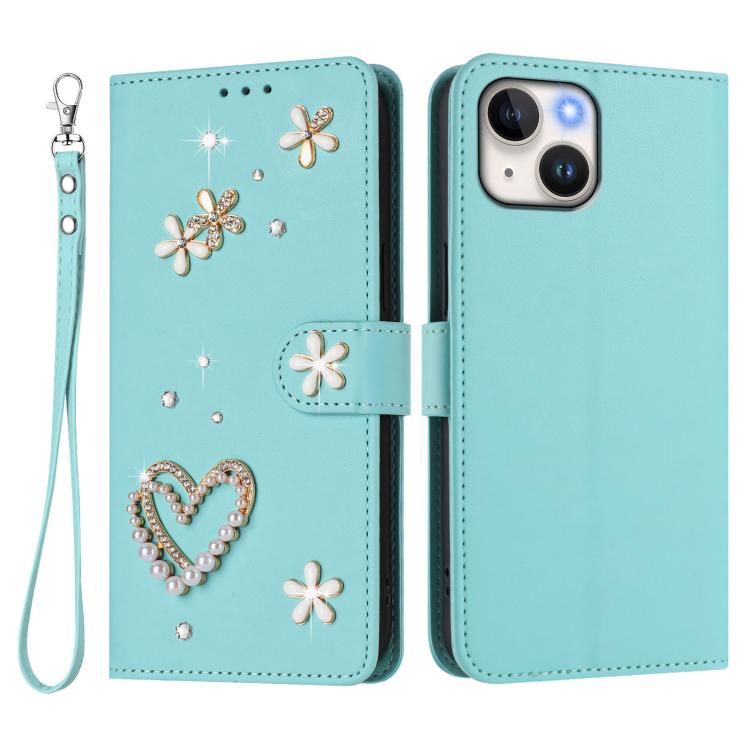 ZS01 Doppellagige Herzblumen Vegane Leder Handyhülle mit Handgelenkschlaufe, Für iPhone 15, Für iPhone 14 Plus, Für iPhone 14 / 13, Für iPhone 14 Pro, Für iPhone 14 Pro Max, Für iPhone 13 Pro Max