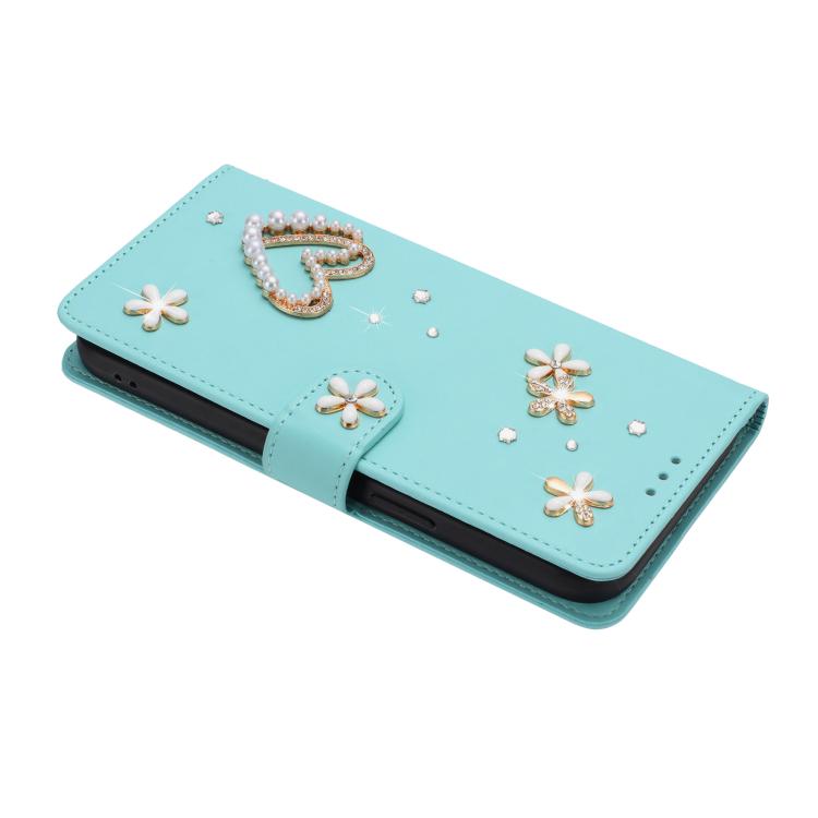 ZS01 Doppellagige Herzblumen Vegane Leder Handyhülle mit Handgelenkschlaufe, Für iPhone 15, Für iPhone 14 Plus, Für iPhone 14 / 13, Für iPhone 14 Pro, Für iPhone 14 Pro Max, Für iPhone 13 Pro Max