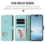 ZS01 Doppellagige Herzblumen Vegane Leder Handyhülle mit Handgelenkschlaufe, Für iPhone 15, Für iPhone 14 Plus, Für iPhone 14 / 13, Für iPhone 14 Pro, Für iPhone 14 Pro Max, Für iPhone 13 Pro Max